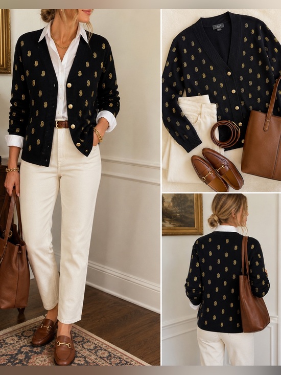 Belldini Sweaters - Beldini Black Gold Paisley Print Cardigan Sweater L/G NWT Button Front Preppy